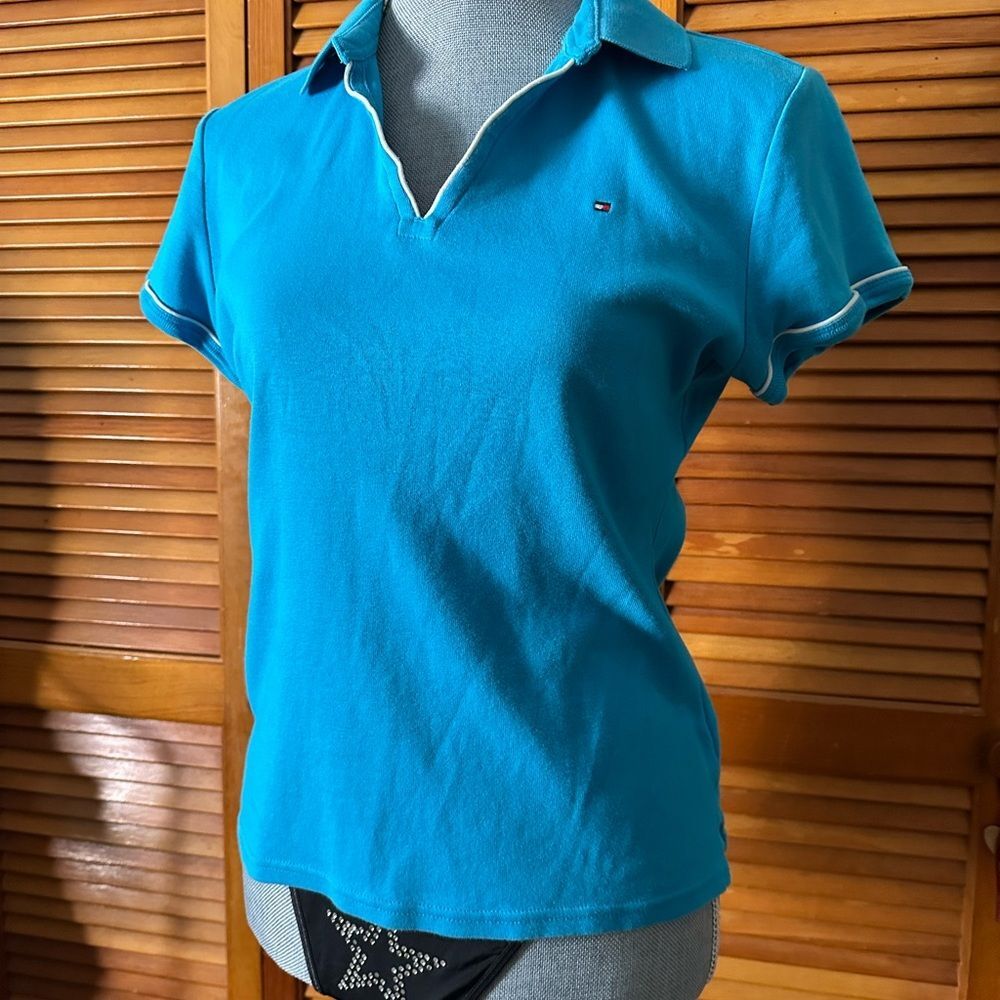 Y2K Tommy Hilfiger Vibrant Turquoise Teal Blue Preppy Polo Shirt